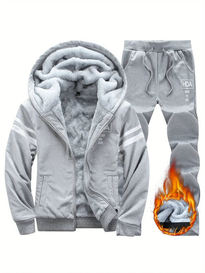 Men's autumn and winter sports and leisure suit set with fleece hoodie, men's autumn and winter thick oversized hooded jacket, t