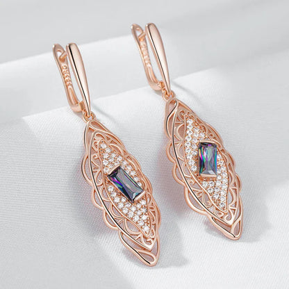 Hot 585 Rose Gold Color Flower Dangle Earrings for Women Square Colorful Natural Zircon Accessories Daily Fine Jewelry