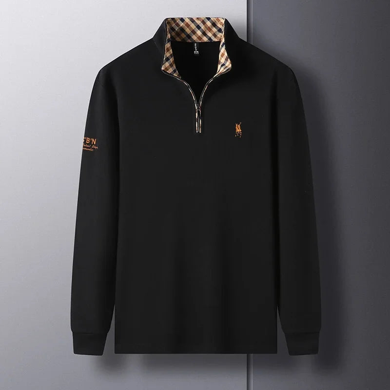 Luxury new Half Zipper Long Sleeve T-shirt 100% Cotton Brand Embroidered Stand Collar Men's Clothing Autumn Casual polo shirt