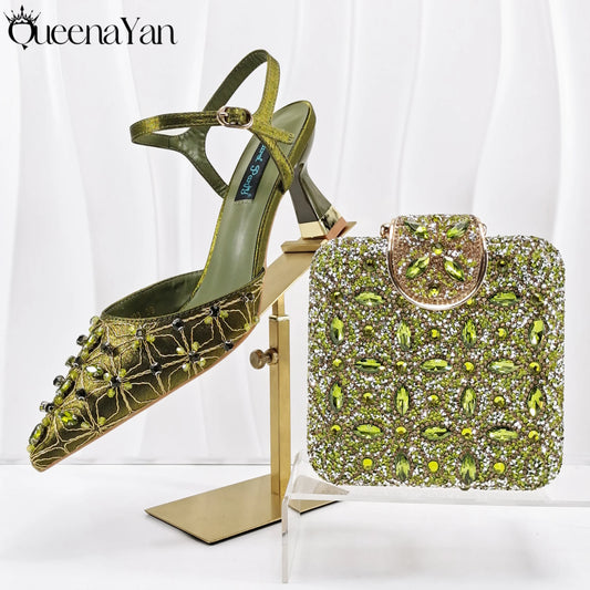 Elegant Full High Quality Diamond Design Olive Color Italian Women's Shoe and Handbag Set for Weddings and Special Occasions