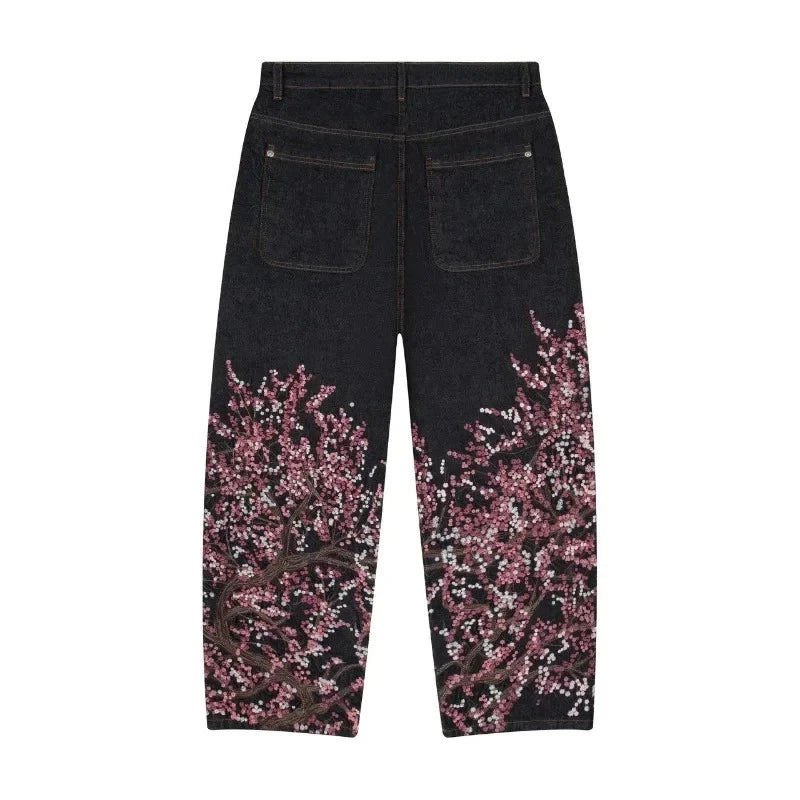 Y2K Harajuku jeans Goth vintage plum blossom embroidery pattern wide leg pants men women denim fabric American style street wear
