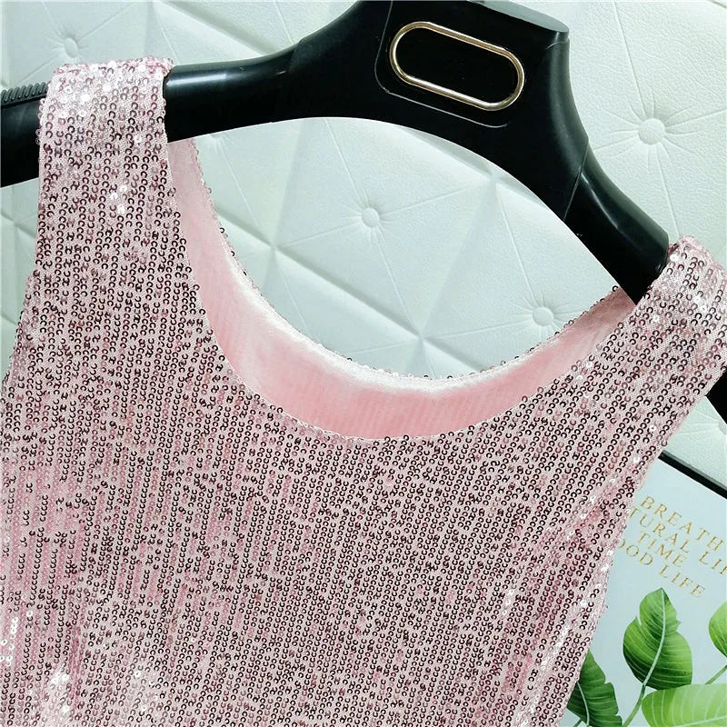 Sparkling Sequins Round Neck Vest Women's Outer Wear 2022 Summer New Bright Silk Fashion Glitter Bottoming Shirt Suspender Top