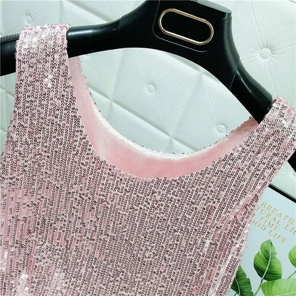 Sparkling Sequins Round Neck Vest Women's Outer Wear 2022 Summer New Bright Silk Fashion Glitter Bottoming Shirt Suspender Top