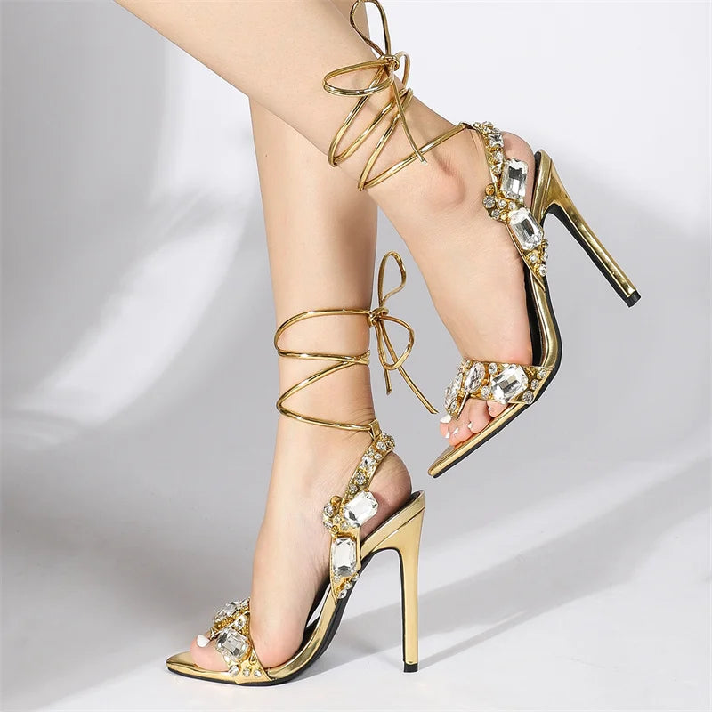 Sexy Ankle Strap Golded Sandals Women Party Nightclub Stripper Heels High Quality Crystal Diamond Pointed Toe Wedding Shoe
