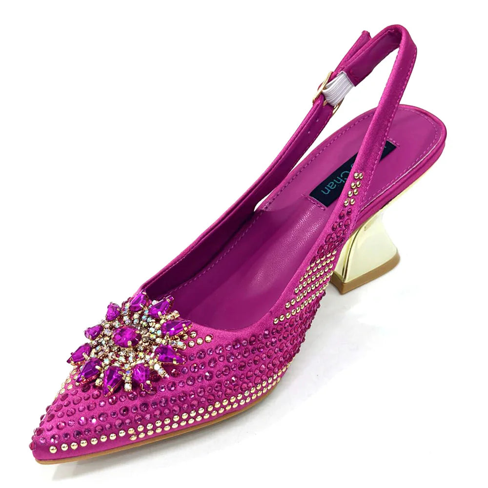 Summer New Design Specials Italian Women Shoes and Bag Set Fuchsia Color Comfortable High Heels With Rhinestone
