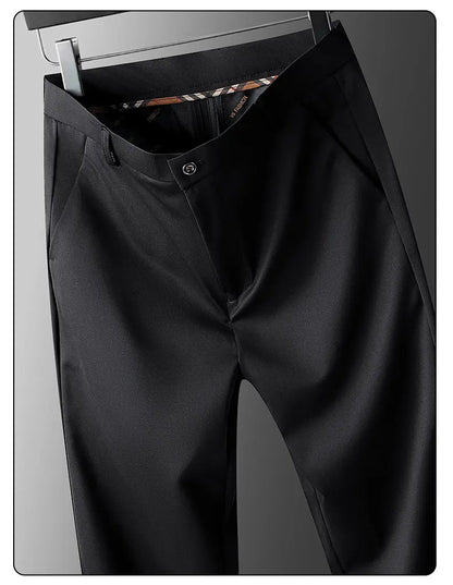 Spring Summer Mens Stretch Pants Smart Casual Suit Pants Wrinkle Resistant Dress Pants with Embroidery Pattern