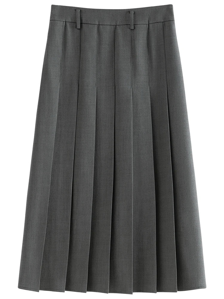 2025 New Arrival Women Zipper Waist Office Lady Elegant Grey Skirt Pleated Design Navy Blue Color Long Skirt Daily Outfits