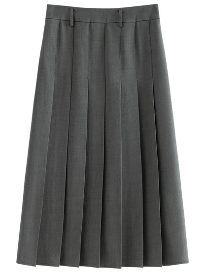 2025 New Arrival Women Zipper Waist Office Lady Elegant Grey Skirt Pleated Design Navy Blue Color Long Skirt Daily Outfits