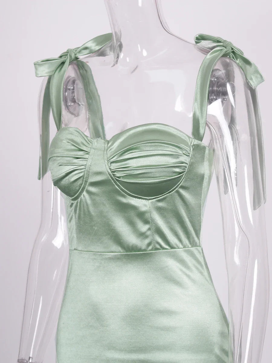Sexy Sweetheart Ruched Padded Satin Maxi Dress Side Split Tie Up Sleeveless Cocktail Party Evening Bridesmaids PromGown