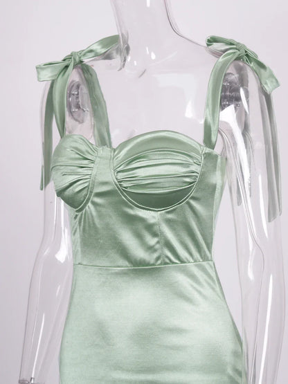 Sexy Sweetheart Ruched Padded Satin Maxi Dress Side Split Tie Up Sleeveless Cocktail Party Evening Bridesmaids PromGown