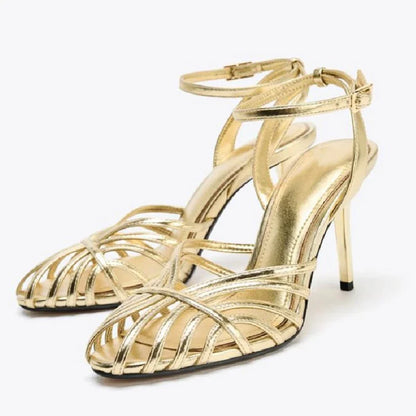 Sexy Gold Hollow Narrow Band High Heel Sandal Women Fashion Ankle Strap Buckle Thin Heel Designer Shoe Elegant Dinner Dress Shoe