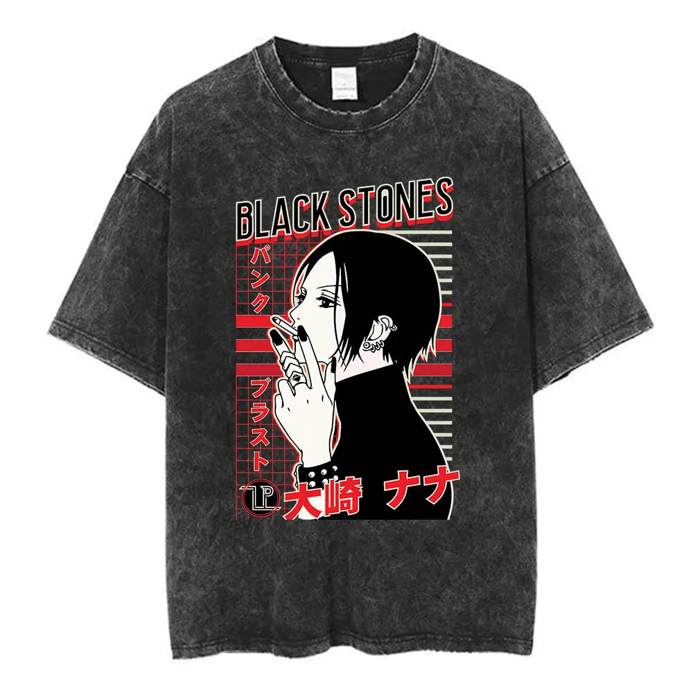 Nana Osaki Japanese Anime Vintage Washed T-shirt Men's Women Clothing Harajuku Short Sleeve T-shirts 100% Cotton Casual T Shirts