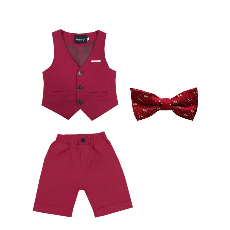Boys Formal Birthday Photograph Suit Kids Summer Vest Shirt Short Bowtie Wedding Dress Teenager Suit Children Graduation Costume
