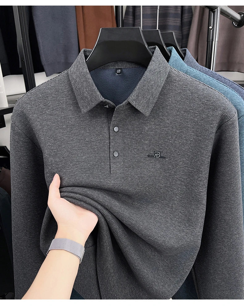 Fashion brand men's long sleeve polo shirt soft plush warm comfort new letter embossed solid color business casual lapel T-shirt