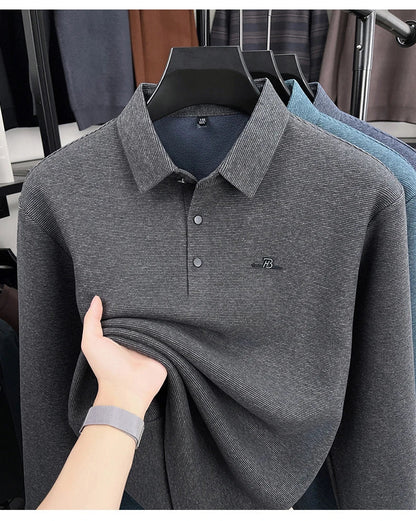 Fashion brand men's long sleeve polo shirt soft plush warm comfort new letter embossed solid color business casual lapel T-shirt