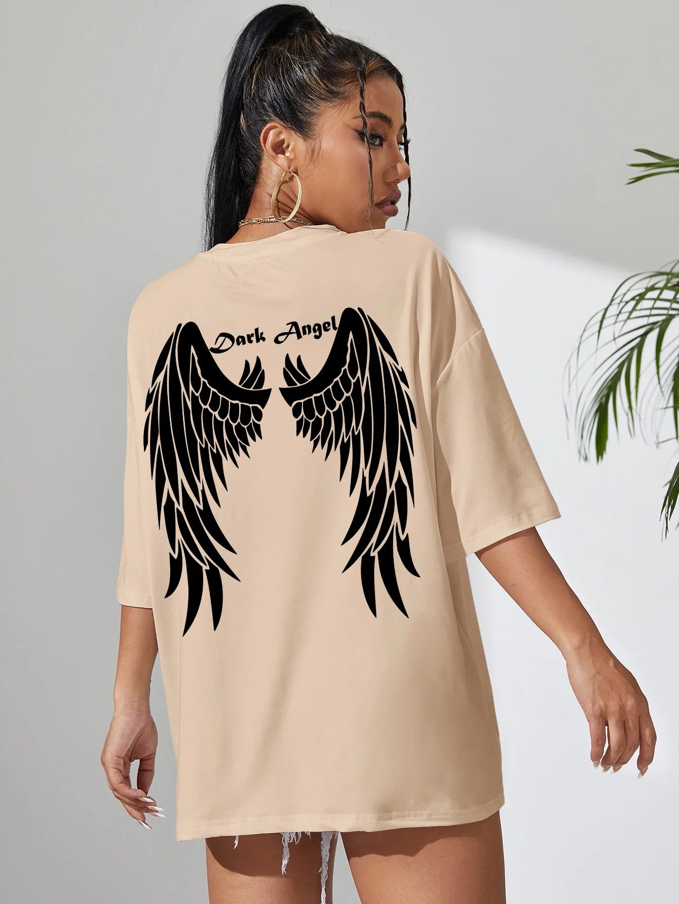 Camisetas estampadas de asa de anjo preta venda quente para mulheres, roupas largas oversized, camiseta de rua hip hop, algodão, manga curta