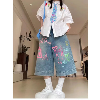 Casual Knee-Length Jeans with Colorful Drawing Fashion Shorts Pants