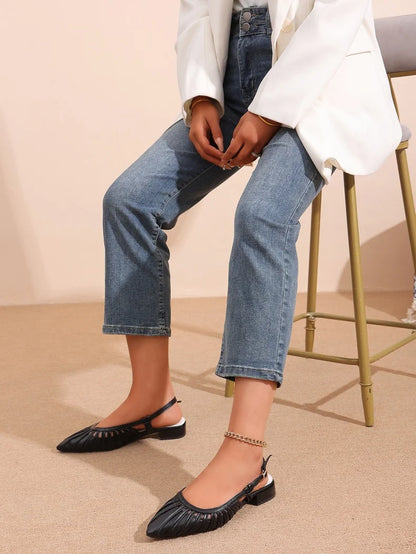 Elegant Pointed Toe Slingback Sandals for Women Summer - Pleated Mesh Low Block Heel Pumps - Adjustable Buckle Strap Dress Shoes