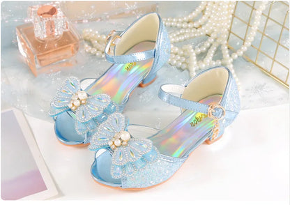 Children's Princess Shoes Summer New Girls' Performance High Heels Fashion Pearl Bow Baby Crystal Sandals
