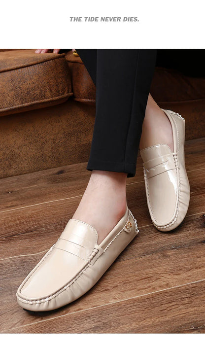 Patent Leather Beanie Shoes Men's New Spring and Summer Large Size Patent Leather Casual British Leather Shoes Women's Slip-On Lazy Casual Shoes Handmade Shoes