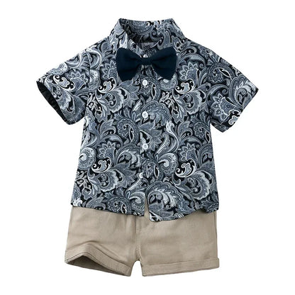 Toddler Baby Boys Sets Summer Hawaiian Outfit Infant Kids Floral Print Short Sleeve Shirt Bowtie Shirt+Shorts Gentleman Suits