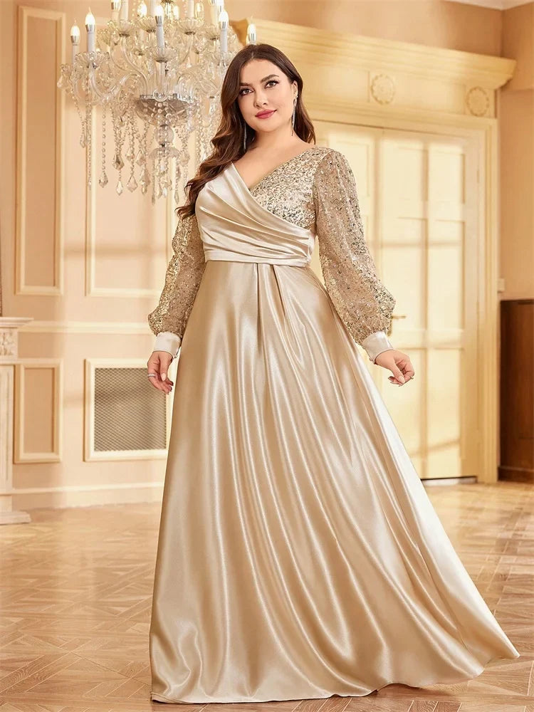 Plus Size Luxury Green V-Neck Sequins Evening Dress Elegant Women Party Maxi Dress Long Sleeve Cocktail Gowns Prom