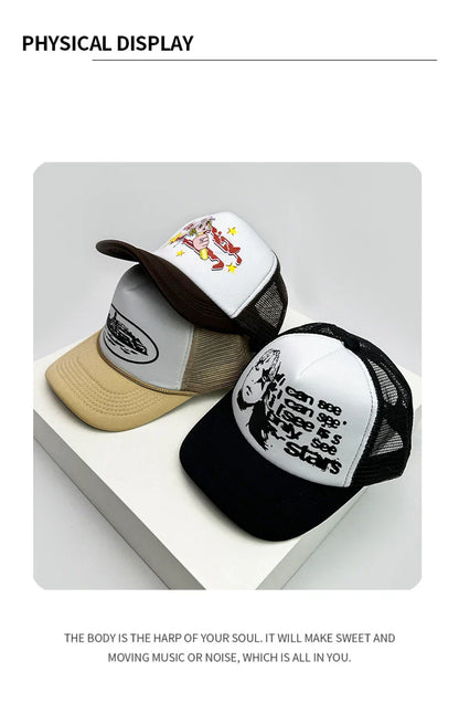 American Style Cruise Printed Anime New Letter Mesh Trucker Caps Sunshade Breathable Baseball Hats Men Women Versatile Fashion