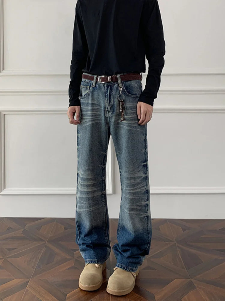 Cleanfit cat whisker gradient jeans for men, autumn niche design pants, American retro straight leg micro flared pants