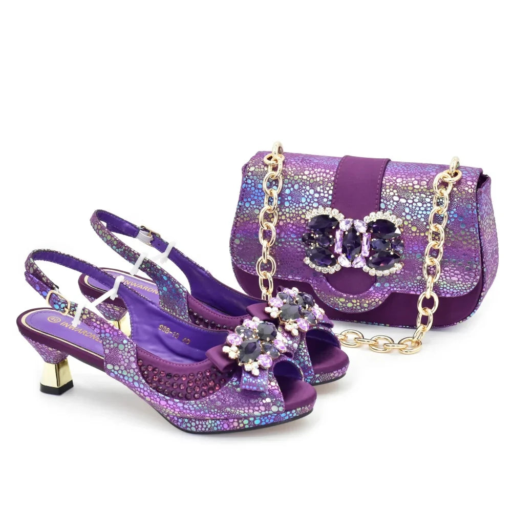 New Fashion Nigerian Banquet Shoes and Bag Set Rhinestone Ladies Matching Shoes and Bag High Heel for Weddings and Parties