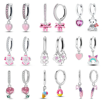 Earrings For Womens 925 Silver Color Pink Rainbow Horse Bear Bee Double Hoop Earrings Fine Engagement Anniversary Jewelry Gifts
