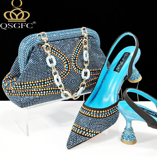 Sky Blue Pointed Toe 2024 New Arrivals Women High Heels Sexy Ladies Shoes and Bag to Match Italian Pumps for Wedding