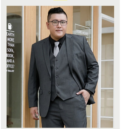 Plus Size Man Suit Set Solid Color Single Breasted Jacket Vest Pants For Host Groom Groomsmen Grey Black Navy 3-Piece Suit Set