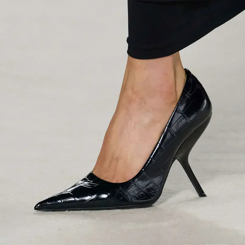 Brand Fashion Show Silvery 9cm High Heel Spring Autumn New Irregular Heels Black Red Pointed Sexy Women's Single Shoes Size 43