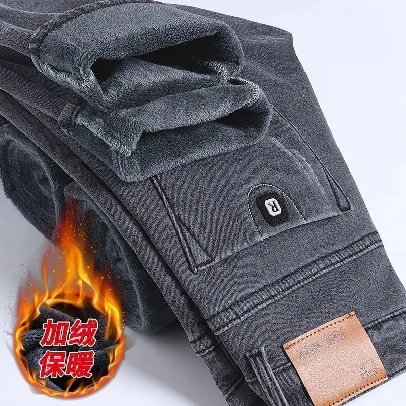 Winter New Fashionable Solid Color With Thick Fleece and Warm Straight Leg Elastic Jeans For Men's Casual Sports High-end Jeans