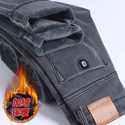 Winter New Fashionable Solid Color With Thick Fleece and Warm Straight Leg Elastic Jeans For Men's Casual Sports High-end Jeans