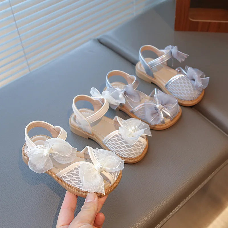 2025 Mesh Peep-toe Princess Shoes Girls Sandals with Tulle Butterfly-knot Summer Evening Wedding Party Bridesmaid Sandals I05292