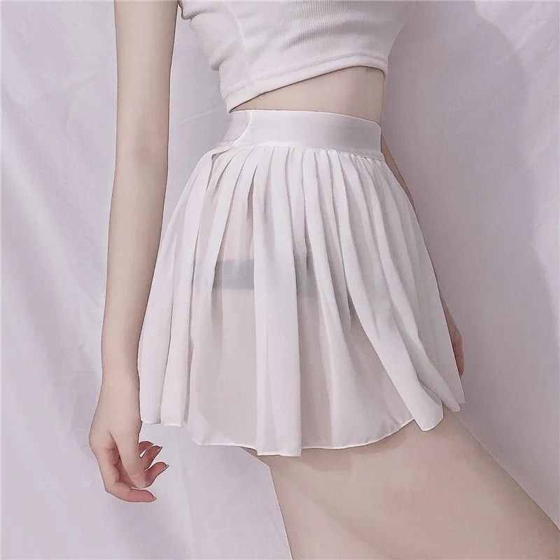 Elastic See Through A-Line Pleated Mini Solid Black Sheer Sexy High Waisted White Lace silk Short Skirts for Woman Spring Summer