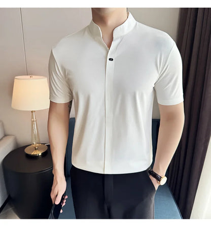 Men's High Elastic V-neck Polo Shirt, Thin Short-sleeve T-shirt, Business Casual Men's Top, 2024 High Quality, M-4XL.