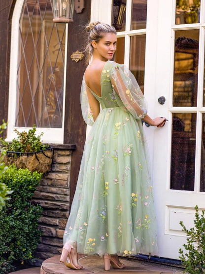 Sweetheart Embroidery Prom Dress Women A Line Tea-Length Green Tulle Puff Sleeves Floral Corset Midi Formal Evening Party Gowns