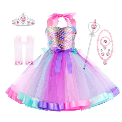 Girls Mermaid Tutu Dress Under the Sea Theme Birthday Party Halloween Cosplay Costumes with Flower Headband
