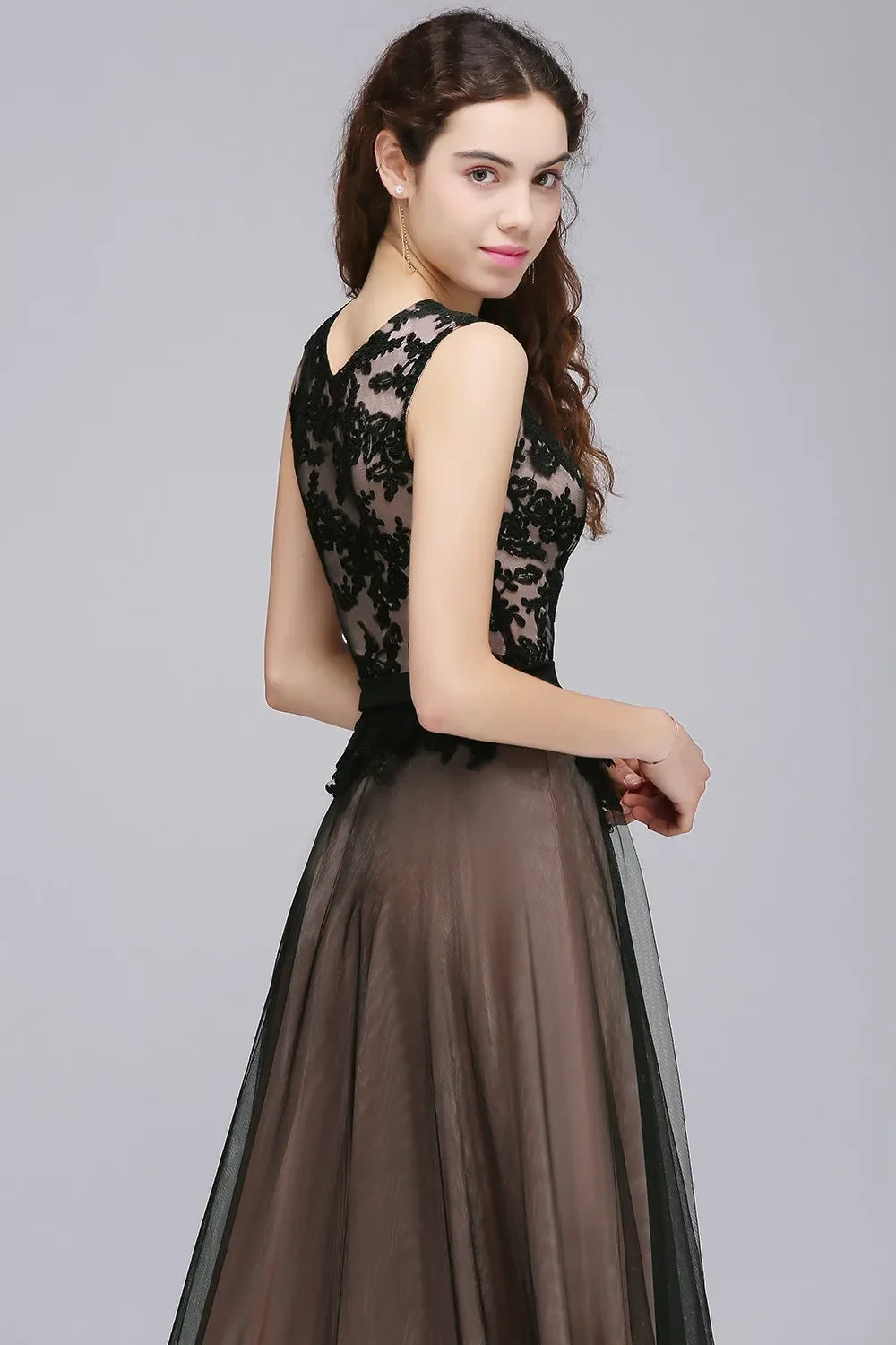 Elegant Black Lace Red Evening Dresses Long Appliques Chiffon With Sashes Pink Green Burgundy Formal Prom Gown Vestido de Fiesta