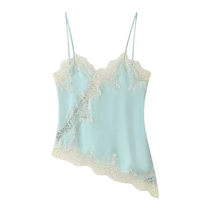 Women Lace Trim Satin Camisole V Neck Spaghetti Strap Backless Asymmetrical Tops Trendy Summer Streetwear