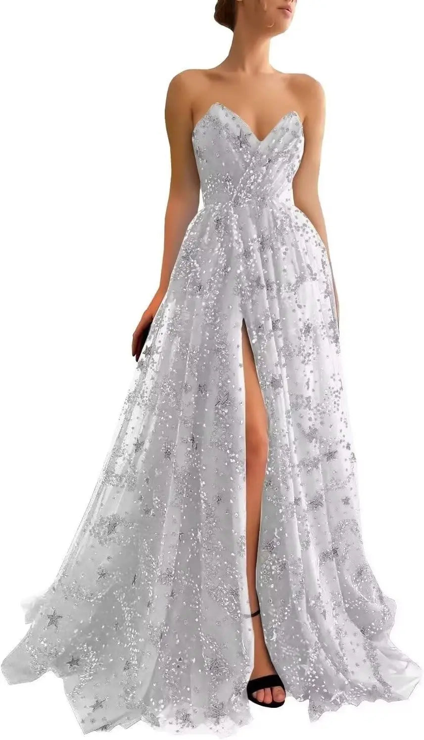 V Neck Luxury Women's Sparkle Starry Tulle Prom Dresses Strapless Slit Formal Evening Party Gowns Formal Dress Women Elegant