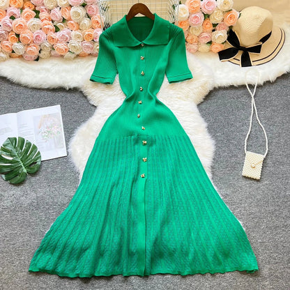 Fashion Vintage Turn-down Collar Knit Maxi Dress Elegant Single-breasted A-line Long Shirt Dress Lady Vestidos