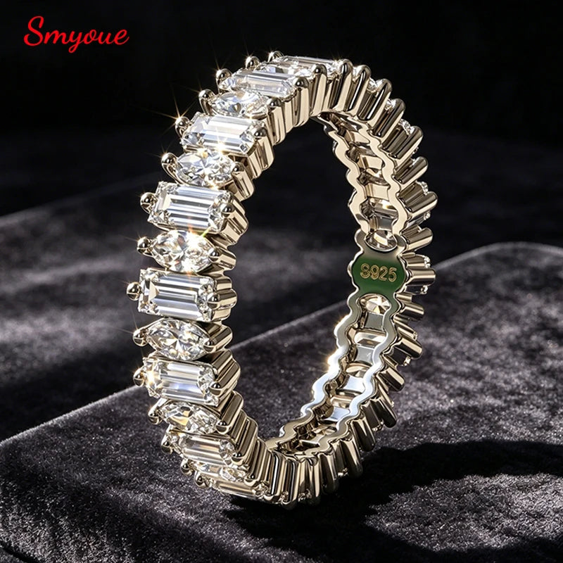 18k Plated 2*4mm Full Moissanite Rings for Women Emerald Cut Full Eternity Band S925 Sterling Silver Pass Diamond Tester