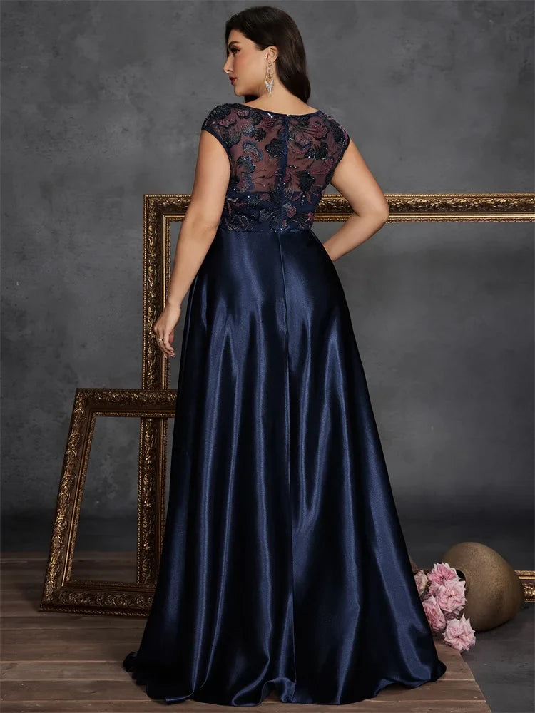 Plus Size O-neck Elegant Sequins Splicing Evening Dresses Luxury Sleeveless Satin Wedding Party Prom Cocktail Gowns