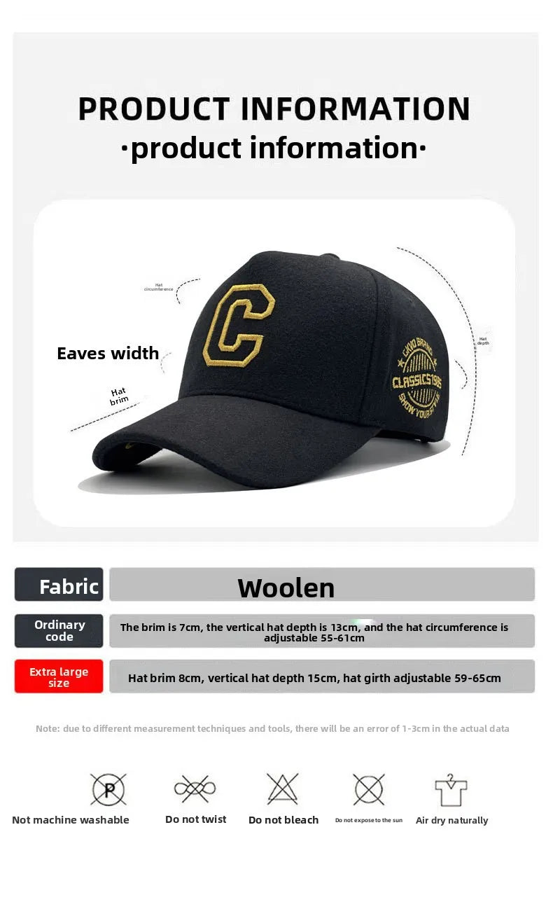 Big Size Baseball Cap Men XL  63cm 64cm 65cm Oversize Big Head Cap XXL  Large Plus Climing Wool Warm Winter Hat  Letter C