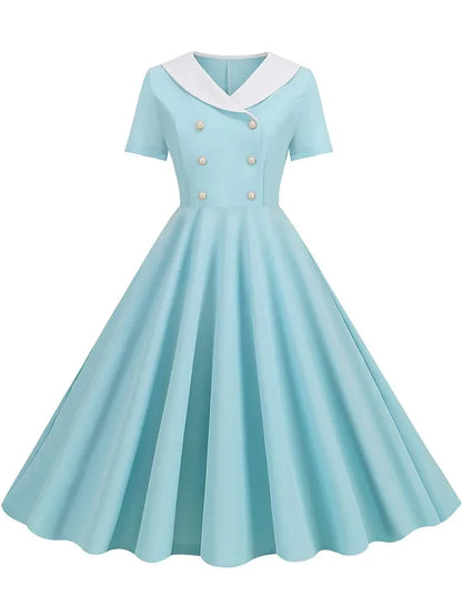 Summer Midi Dress Women Elegant Pink Vintage Party Sundress Casual Peter pan Collar Short Sleeve Dress