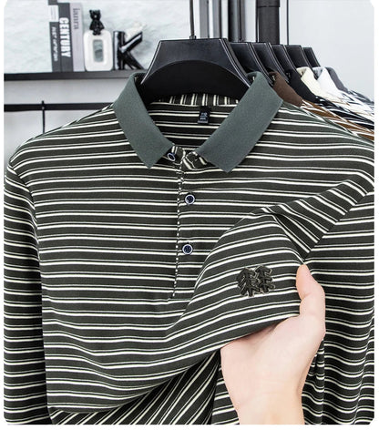 Men's Striped Long Sleeved T-shirt Polo Shirt Button Up Men's Stand Up Collar, Winter Double-sided German Velvet Base Shirt