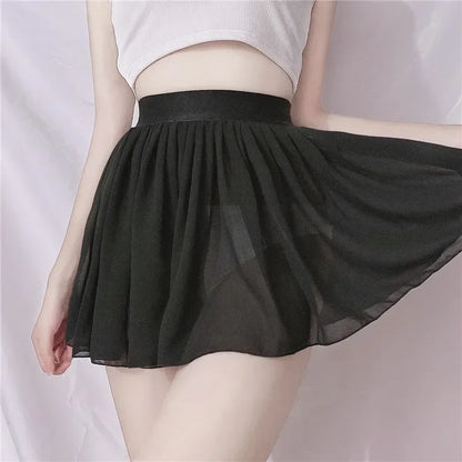A-Line Pleated Mini Skirt Sheer Sexy Elastic High Waist Black White Solid Lace thin Short Skirts for Woman Spring Summer